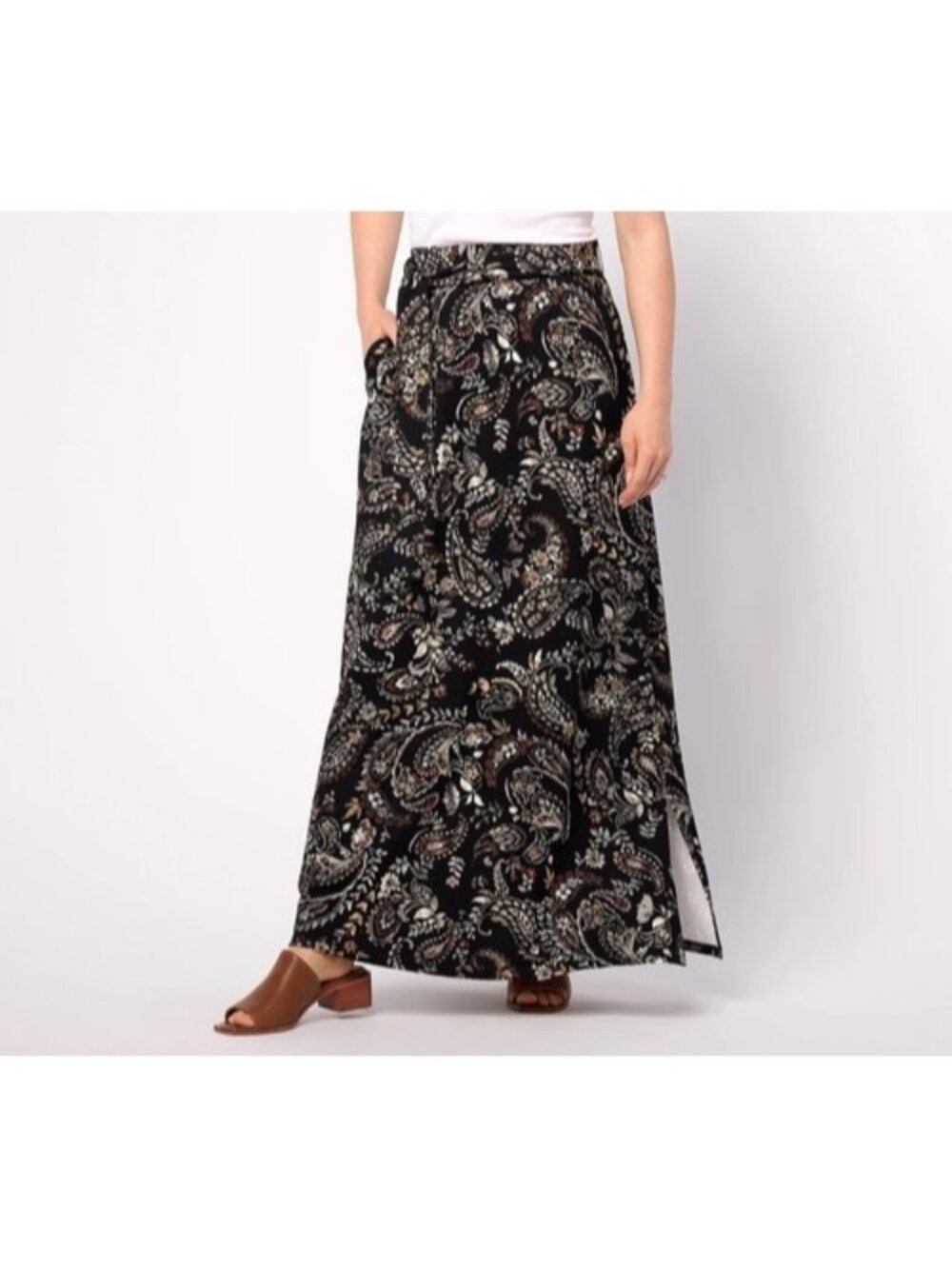 Denim & Co. Women Skirt PXL Petite Printed Double Knit Jersey Maxi Black A647405